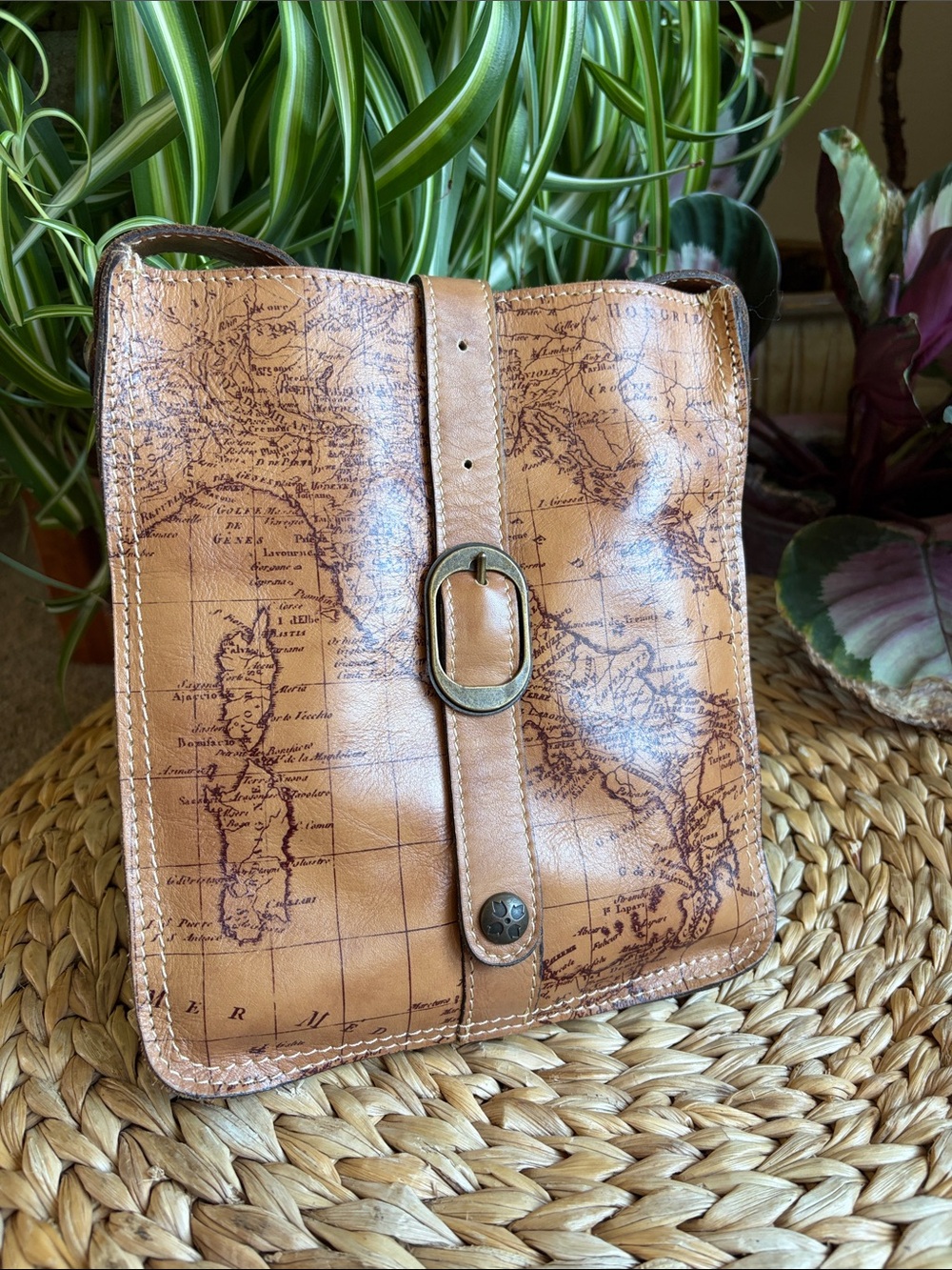 Patricia Nash Tan Map-Print Leather Crossbody